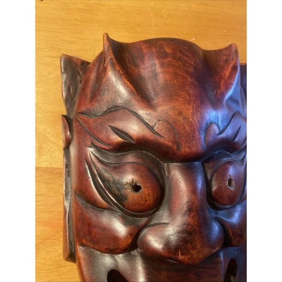 Japanese Wood Oni Mask Noh Carved Kyougen Kagura Hannya Devil Demon Wall - Picture 5 of 8